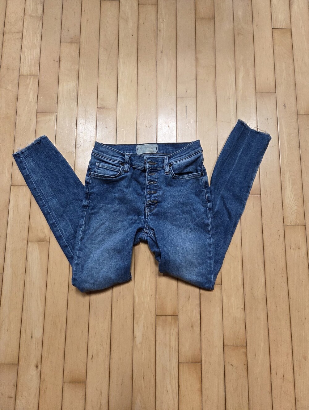 Free People Dark Blue Button-Fly Skinny Jeans
